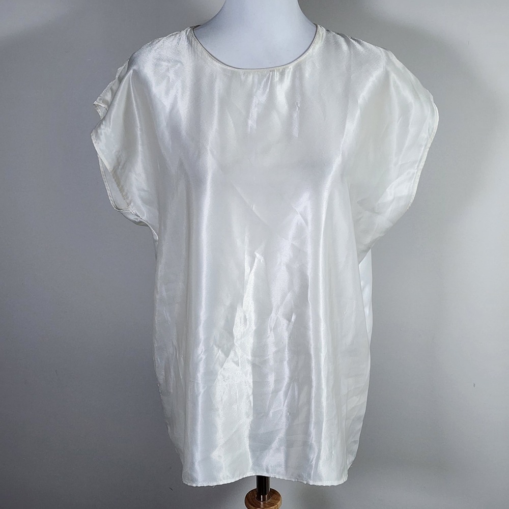 Vintage Satin Blouse Womens Medium White Cap Sleeve Keyhole Back Minimalist Lux